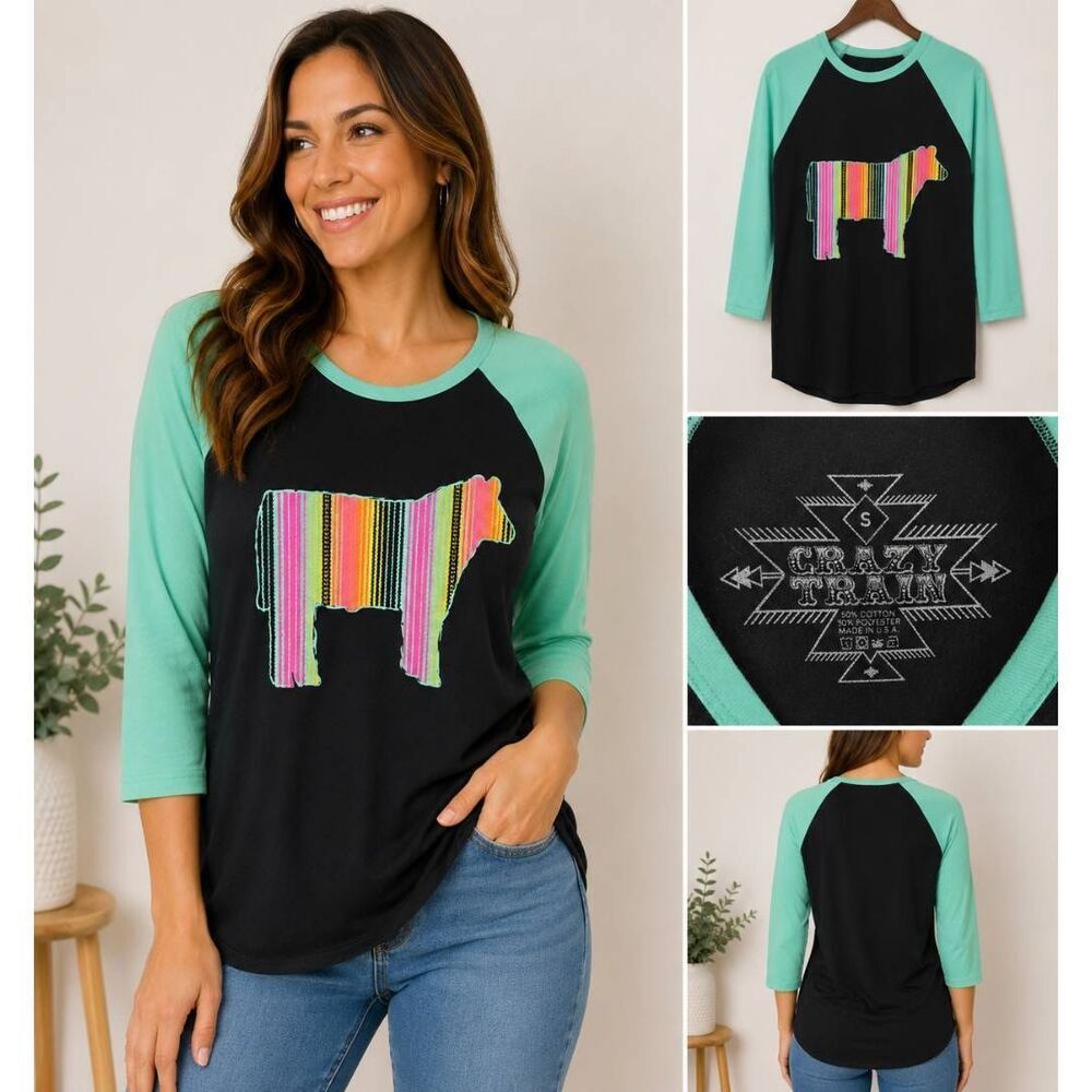 Crazy Train Serape Cow Raglan Tee Black Mint S